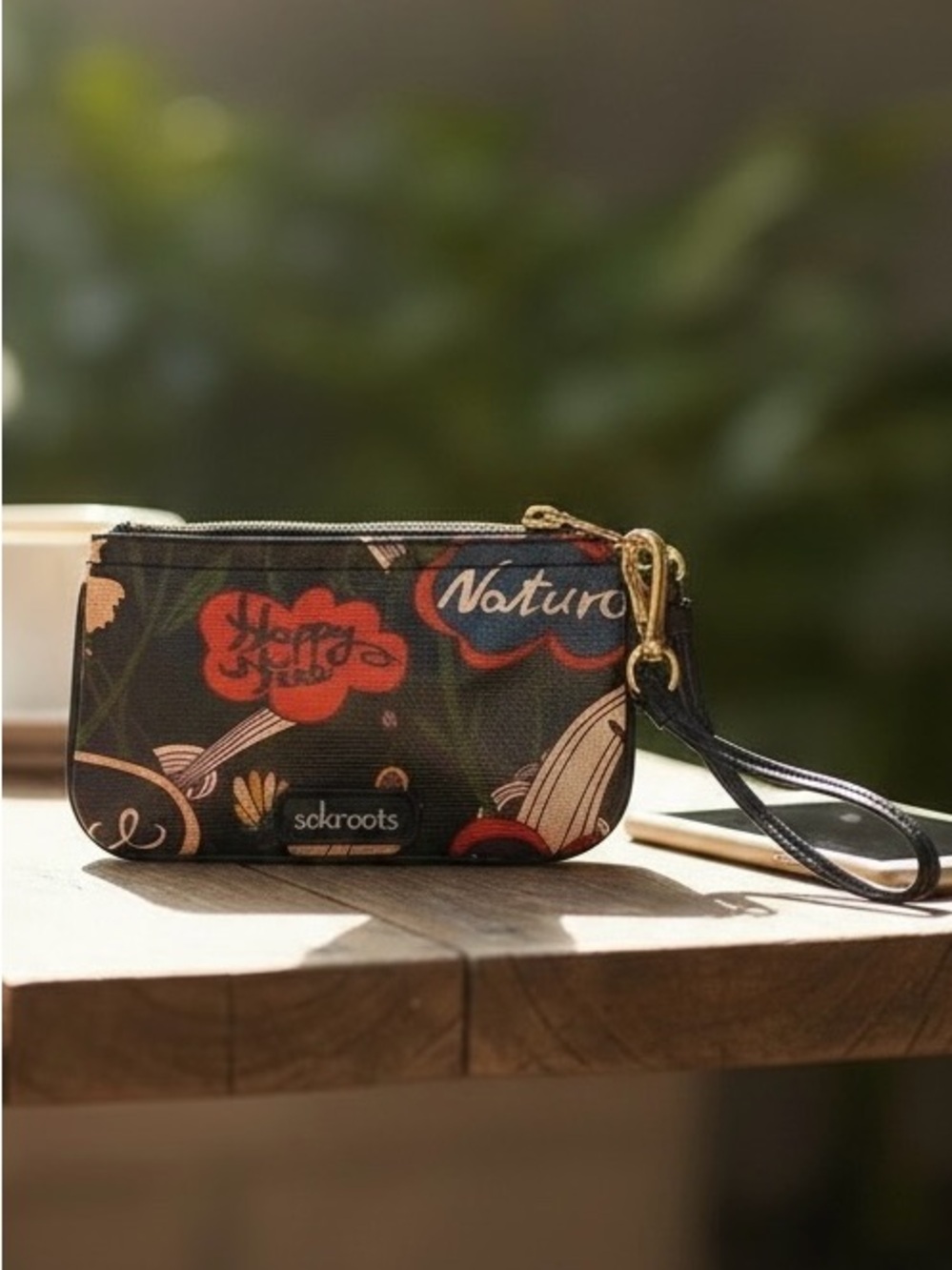 Sakroots Wristet Bag Wallet Clutch Coated Canvas Happy Free Nature Black